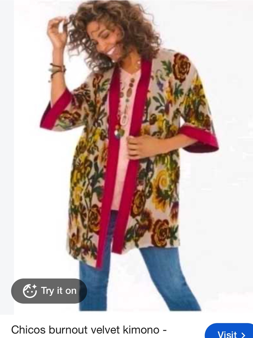Chico's Floral Burnout Velvet Kimono Jacket in Pink and Green